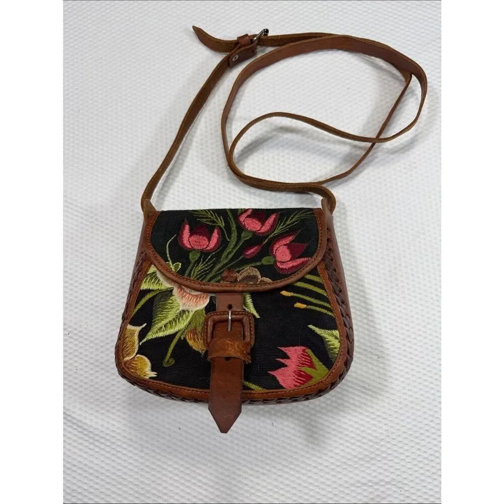 Boho Floral Embroidered Crossbody Bag - Black and Brown